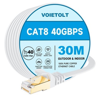 Voietolt Cat8 Ethernet Kabel 30M, 40Gbps/2000Mhz flach hoch 30Meter, weiß 