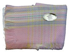 Vintage Hand Loomed Pram Blanket Baby Pink Yellow Blue Plaid USA Crib Acrylic