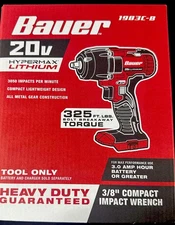 (NEW) BAUER 20v Cordless 3/8 In. Compact Impact Wrench (TOOL ONLY)