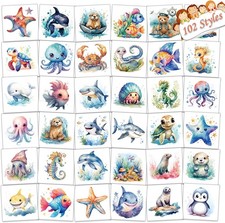 102 PCS Individually Wrapped Ocean Animals Temporary Tattoo for kids - Cute S...
