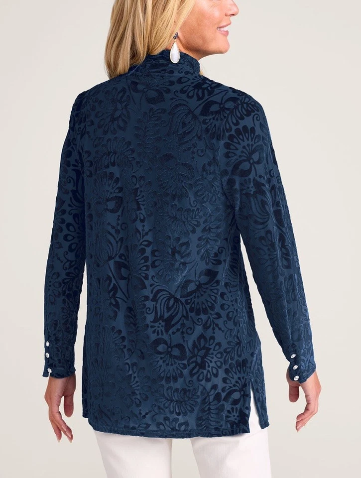 Top para mujer Soft Surroundings Walden terciopelo cuello alto floral azul azulado pequeño M Foto 4 de 4