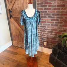 Shoreline Tie Dye Coverup Dress Black Gray Embroidered Boho OS Lightweight