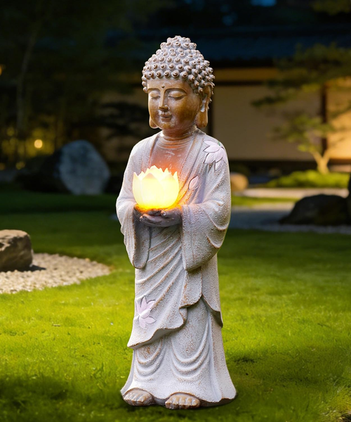 Solarbetriebene Buddha Figur 37Cm Mit Led Lotus FüR Garten & Wohnzimmer-image