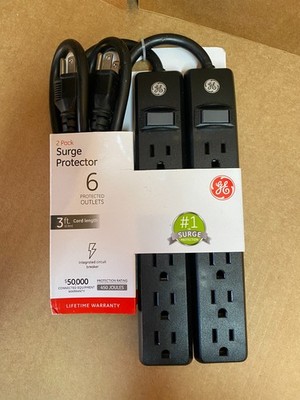 2 PACK GE 6-Outlet Surge Protector 3 Ft Extension Cord Power Strip BLACK