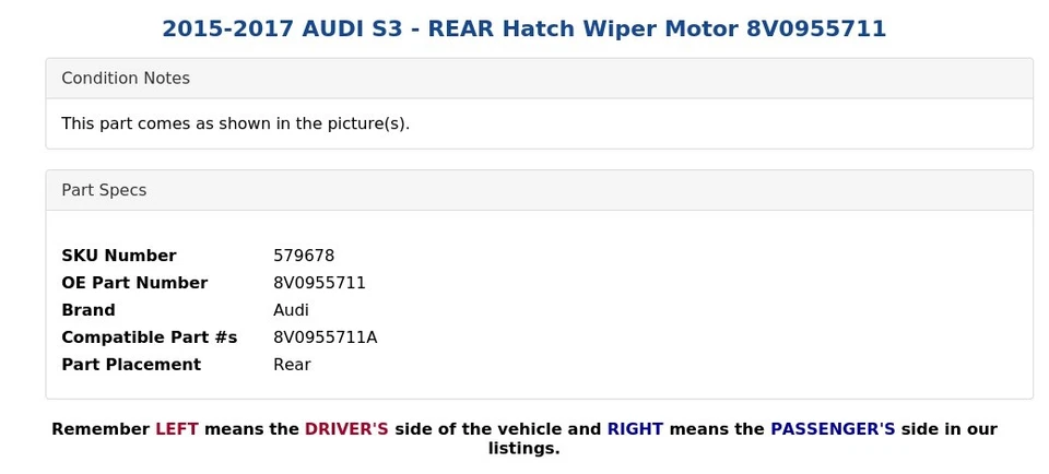 2015-2017 AUDI S3 - REAR Hatch Wiper Motor 8V0955711 - Image 3 of 4