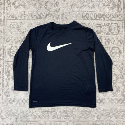 Nike Dri-Fit T Shirt Youth Long Sleeve Black Casual Swoosh Shirt Size Medium