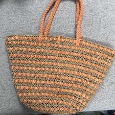 Woven Straw Tote Bag with Braided Orange Handles, Button Closure, Beach Boho