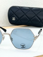 Geometric Hexagon Sunglasses Women Silver Metal Frame Light Blue Lens