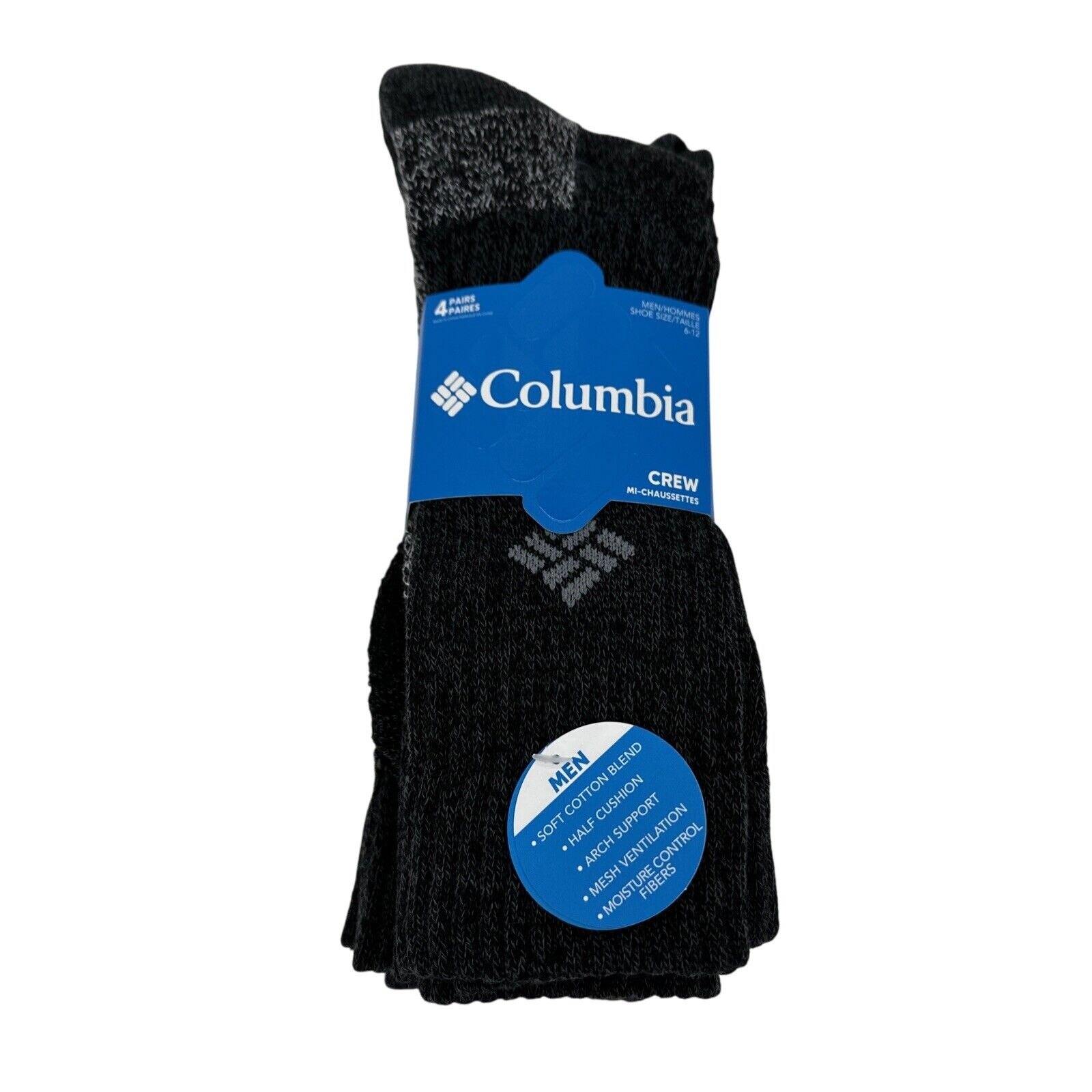 Columbia Mens Socks 6-12 Crew Mi-Chaussettes 4 Pack Black Gray Marl NEW