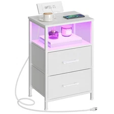 Nightstand with Charging Station, Bedside Table with LED Lights and 2 Fabric ...