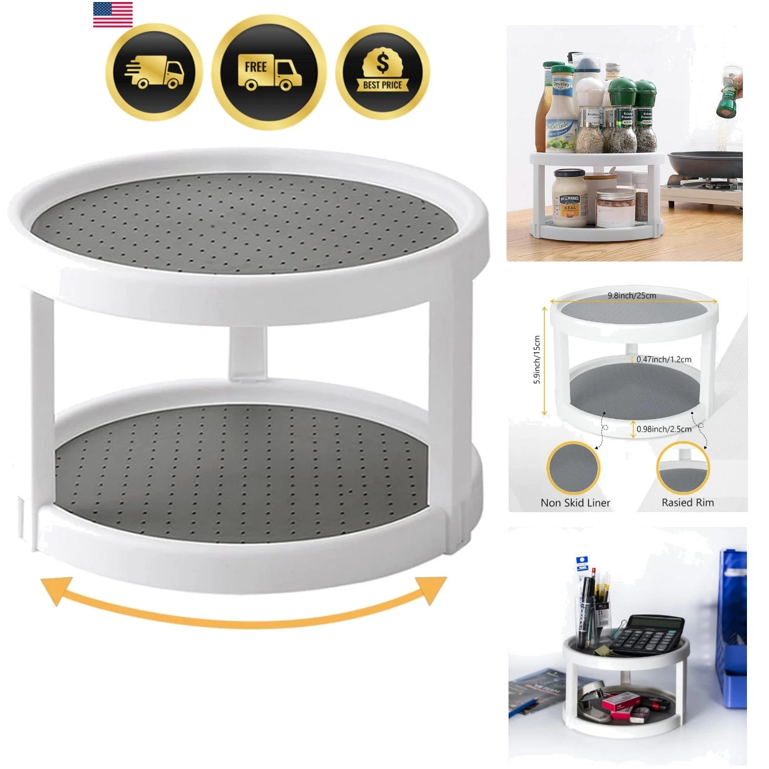 Lazy Susan Organizer, 2 Tier Non Skid Spice Rack Turntable,360 Degree Rotatin...