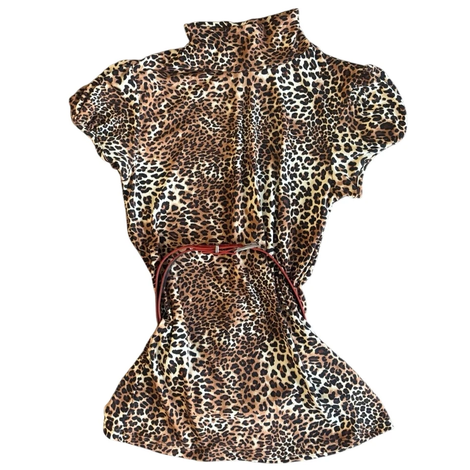 Vintage babydoll puff sleeve high neck cheetah top