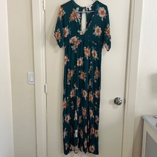 Forever 21 Floral Maxi Dress Large Teal Fairy Boho Romantic Cottage Open Back