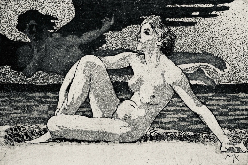 MAX KLINGER 1911 ALLEGORIE MIT GENIUS WEIBLICHER AKT SITZEND AQUATINTA-RADIERUNG - Bild 2 von 3