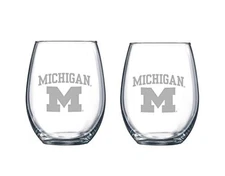 RFSJ Michigan Wolverines Etched Satin Frost Logo Wine or Beverage Glass Set of 2