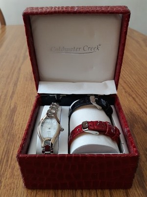 NIB Cold Water Creek Women's SS Quartz Watch with 2 Extra Red and Black Bands