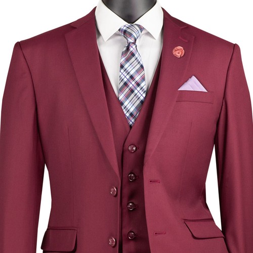 VINCI Men's Burgundy 3-Piece 2-Button Slim Suit w/ Matching Vest - NEW - Picture 2 of 135