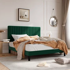 Full/Queen/King Upholstered Platform Bed Frame Adjustable Headboard, Green