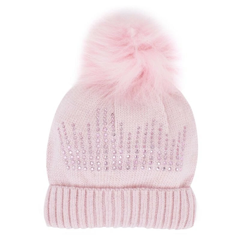 Monnalisa Bebe Baby Girl Blush Pink Knitted Bobble Hat with Real Fur