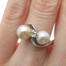 925 Sterling Silver Vintage Real Pearl  Rhinestone Modernist Ring Size 7.5