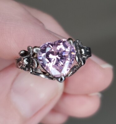Ring Sterling 925 Pink Crystal Heart Flowers Detailed BEAUTIFUL. Sz 7.25