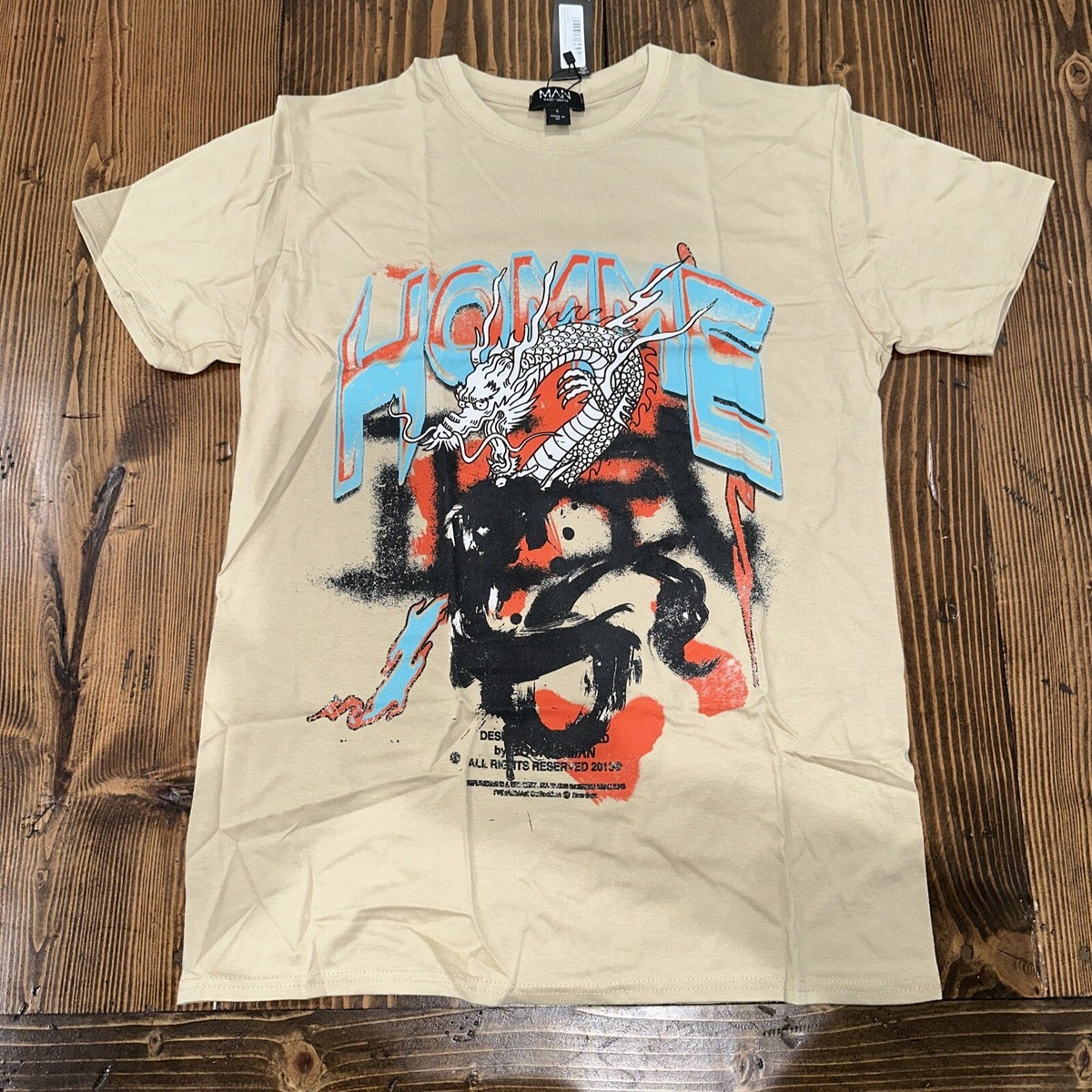 BoohooMAN Men’s Small Homme Dragon T-Shirt Beige