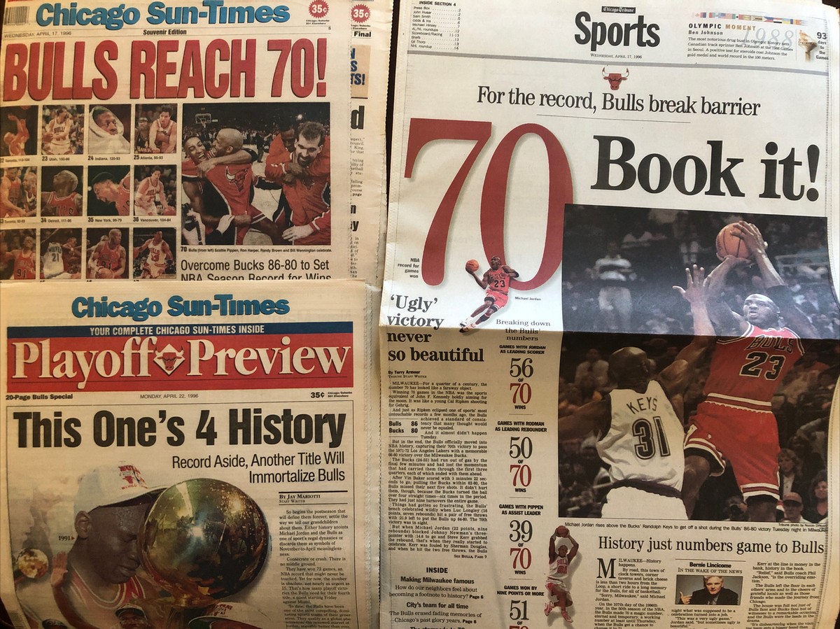Michael Jordan 1996 Chicago Bulls 72-10 Sun Times Newspaper Lot 3