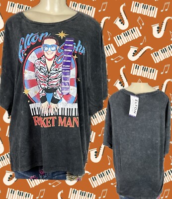 Hst Global Limited XXL Black Washed Elton John Graphic Cotton Short Sleeve Tee