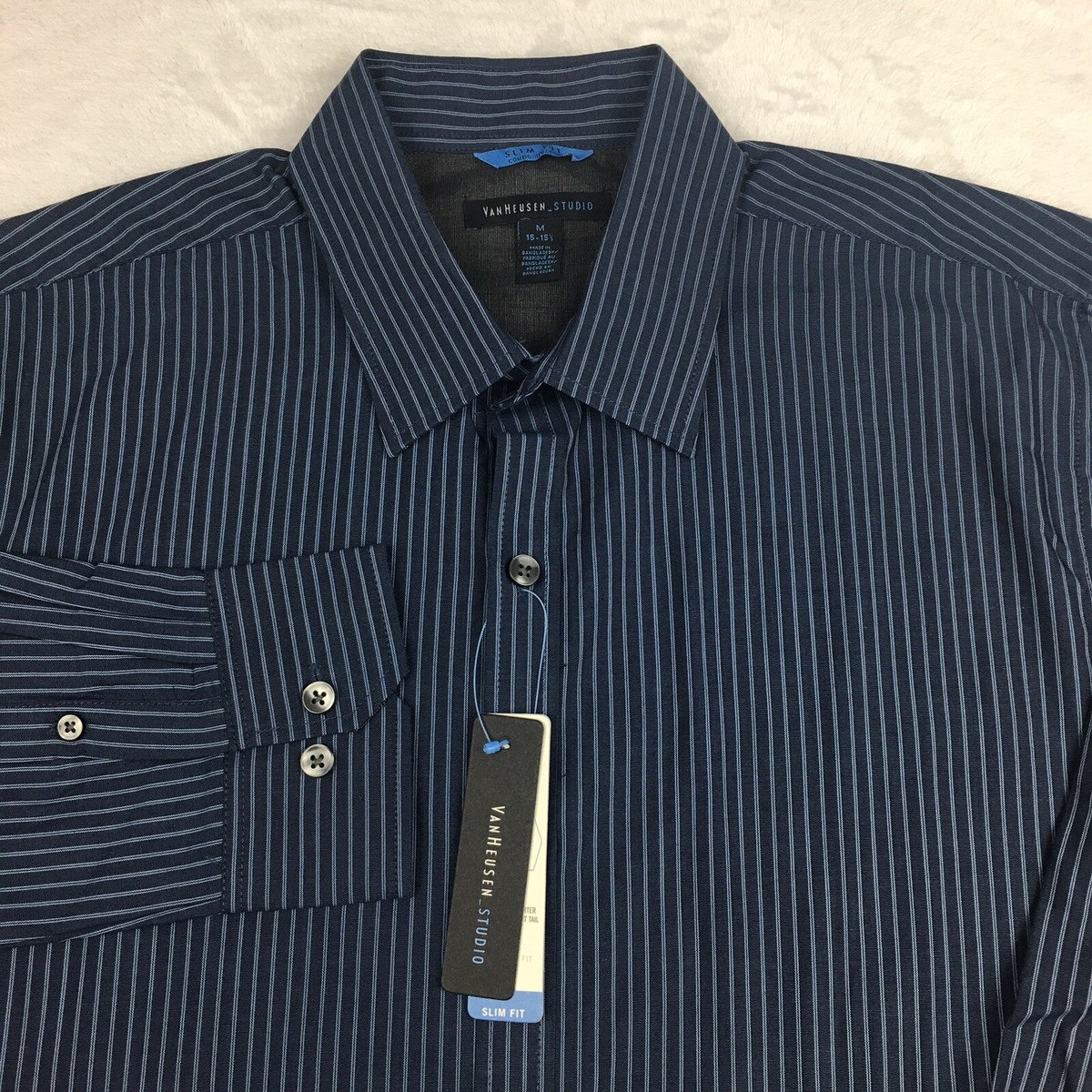 van heusen studio slim fit dress shirt Mens Van Heusen Slim Fit Studio Striped Button Front Dress Shirt / XXL
