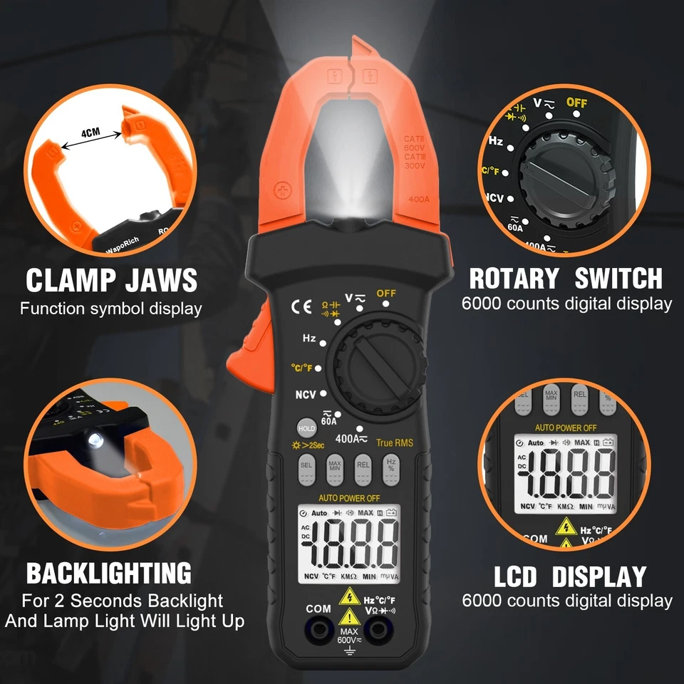 BTMETER Zangenmultimeter Digital Zangenmessgerät TRMS AC DC Stromzange NCV LCD - Bild 3 von 4