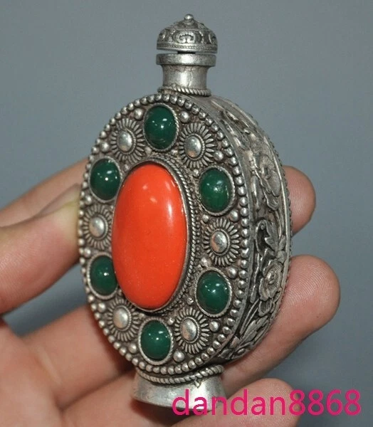 Tanque de armazenamento de rapé 3,2" antigo porcelana prata tibetana incrustada Gem Medicine - Imagem 2 de 4