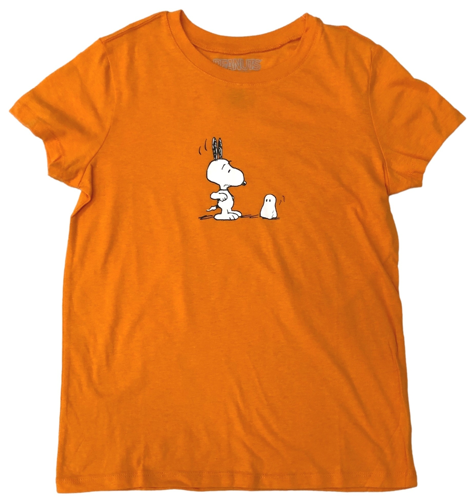 Snoopy Peanuts Shirt Top Women's MEDIUM Orange White Short Sleeve