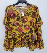 Ann Taylor Loft Top Womens Large Gold Red Floral Ruffled Boho Peasant Blouse