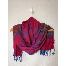 Saachi Viscose Red Blue Paisley Pashmina Shawl Scarf Fringe Boho Blanket Wrap