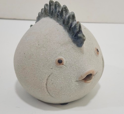Studio Art Pottery Round Puffer Fish Figurine Textured Ceramic Blowfish Decor