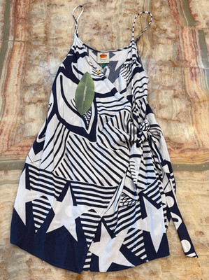 NWT Farm Rio Midi Wrap Dress Womens Blue White Striped Stars V-Neck Sleeveless M
