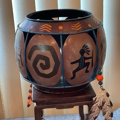 Collections Etc. Native American Tin Metal Basket w/ Tribal Depictions