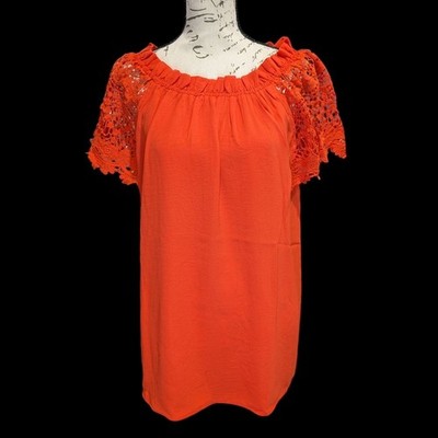 Davi & Dani Tomato Red Ruffled Neck Blouse with Crochet Lace Sleeves- Size Small