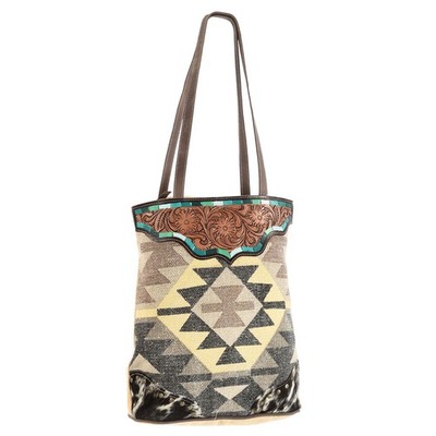 OH Ohlay Bags OHV165 Tote Hand Tooled Upcycled Wool Canvas Hair-On Genuine