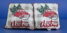 Vintage Embroidered Merry Christmas Pillow Bundle Of 2 Red Truck Christmas Tree