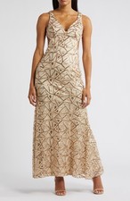 Morgan & Co Deco Sequin Open Back Gown SZ 15 BlushGold