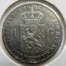1908 Netherlands 1 One Gulden Silver Coin - good Fine - Wilhelmina
