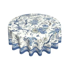 Giwawa Chinoiserie Tablecloth Round 60Inch, Blue White Flowers Birds Table