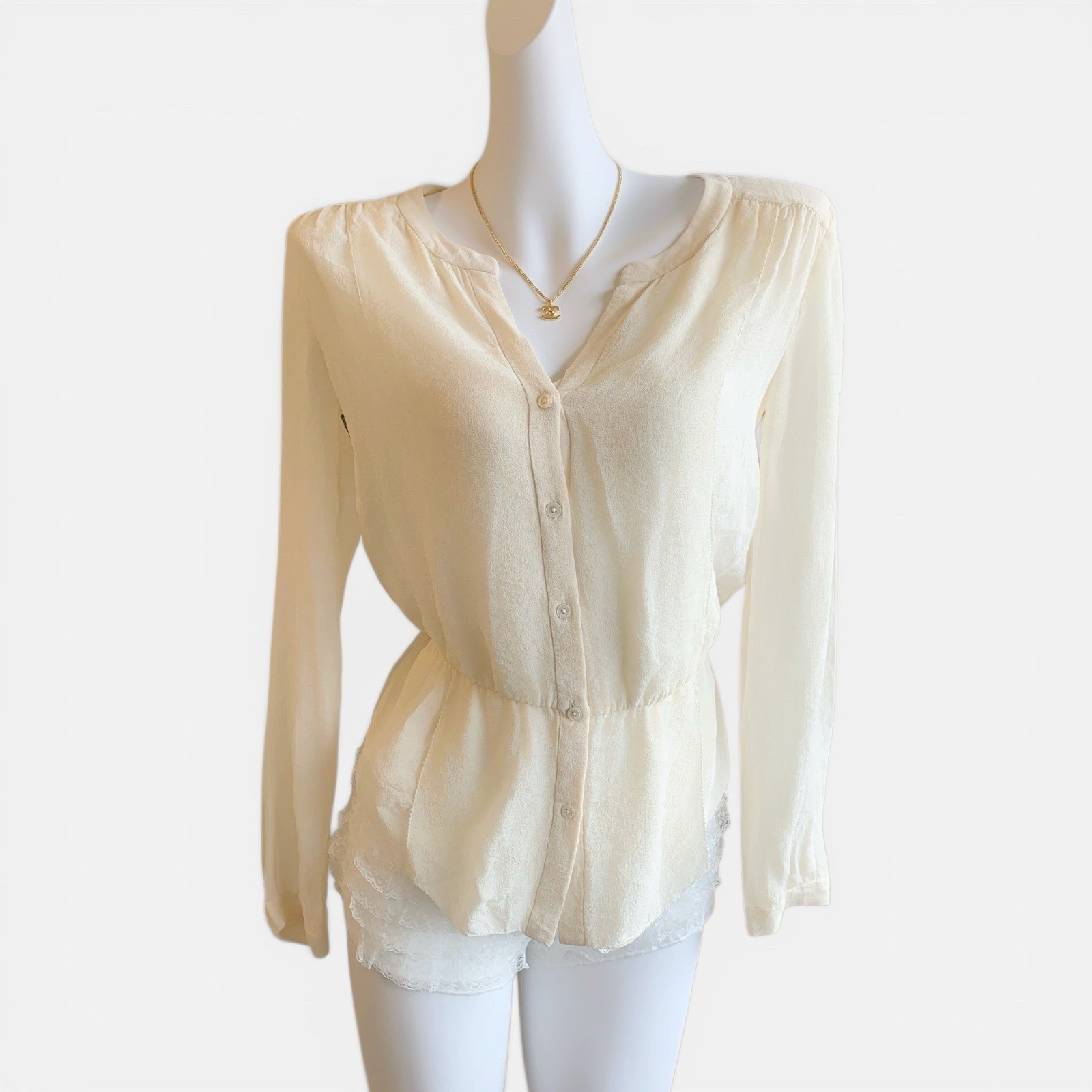 Babaton Silk Blouse XS Ivory 100% Silk Lightweight Button Top