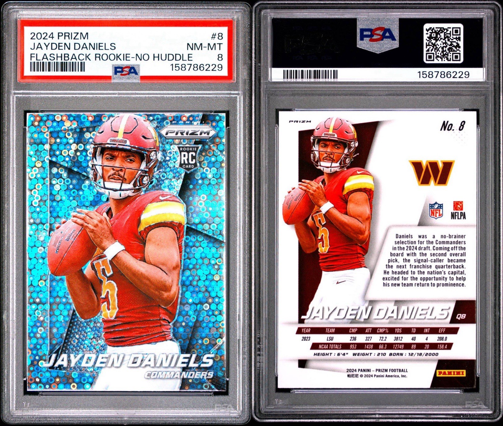 2024 Panini Prizm No Huddle JAYDEN DANIELS ROOKIE FLASHBACK DISCO PRIZM RC PSA 8 view 4