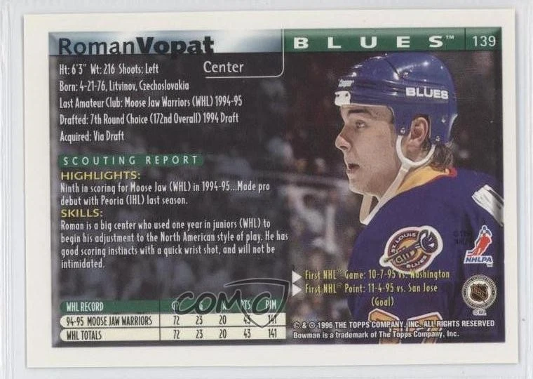 1995-96 Bowman Roman Vopat #139 Rookie RC - Image 2 of 2