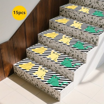 15pcs of Cat-Patterned Stair Carpets with Rubber Non-Slip Backing, Designed to
