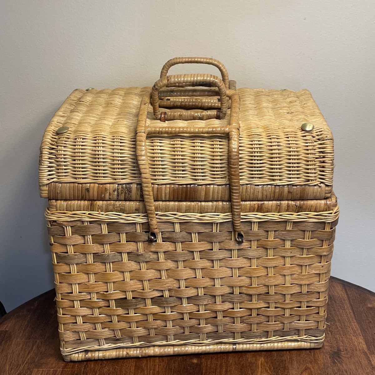 Vintage Picnic Basket Woven Wicker Red Gingham Lining USA