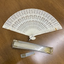 Vintage Celluloid Off White Pierced Lace Asian Folding Fan