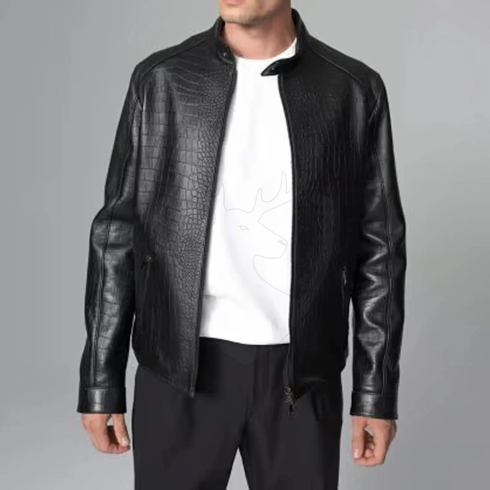 Men’s Crocodile Pattern Embossed Leather Jacket Black Racer Real Luxury coat